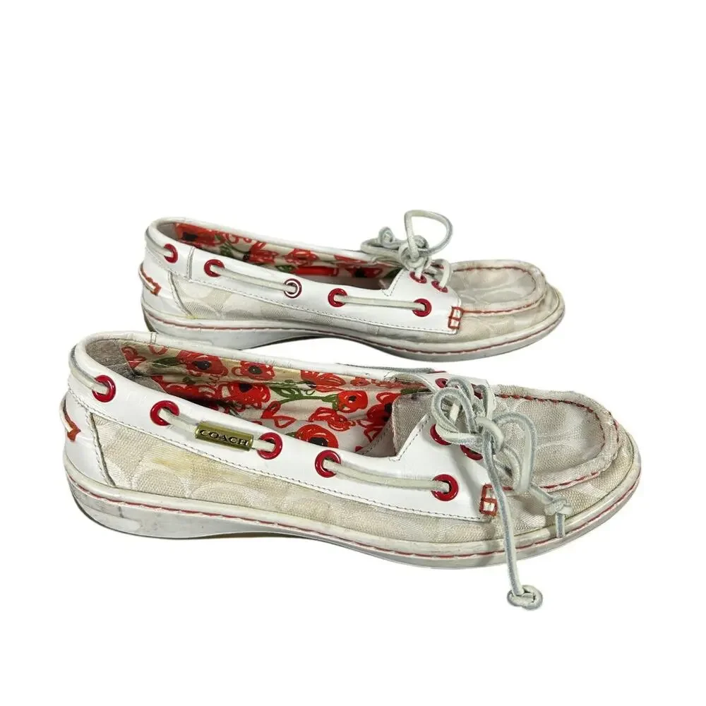 Preowned COACH boat shoe slip on- Sz 6M some overall wear- beige with red accent